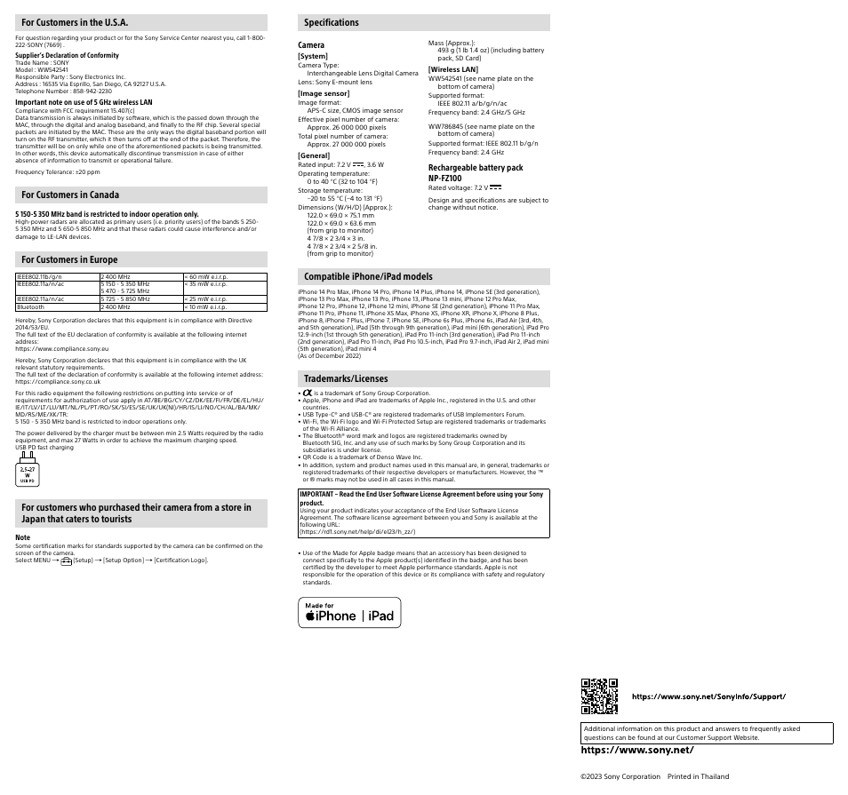 For customers in the u.s.a, For customers in canada, For customers in europe | Specifications, Compatible iphone/ipad models, Trademarks/licenses | Sony a6400 Mirrorless Camera with 18-135mm Lens User Manual | Page 2 / 2