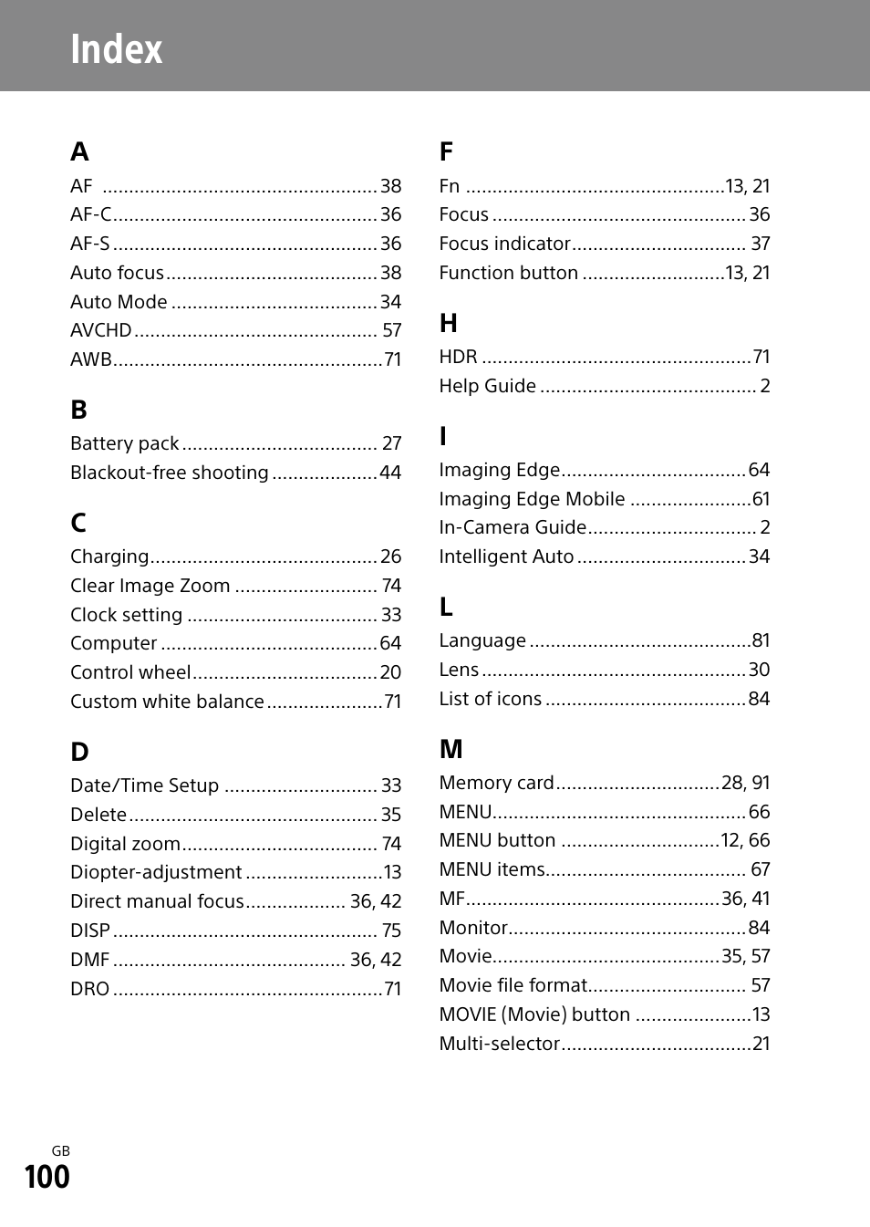 Index | Sony a7R IIIA Mirrorless Camera User Manual | Page 100 / 104