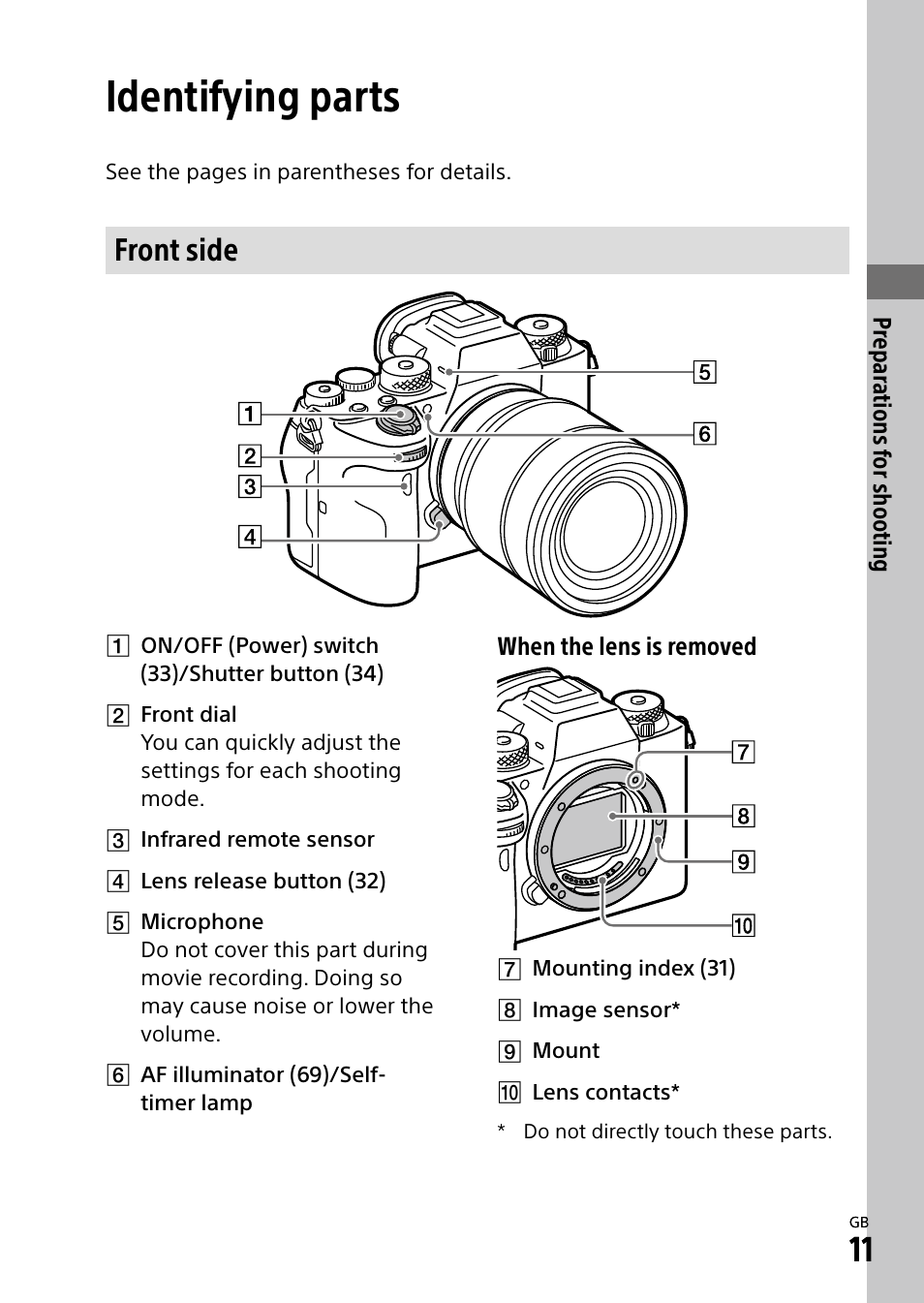 Identifying parts, Front side | Sony a7R IIIA Mirrorless Camera User Manual | Page 11 / 104