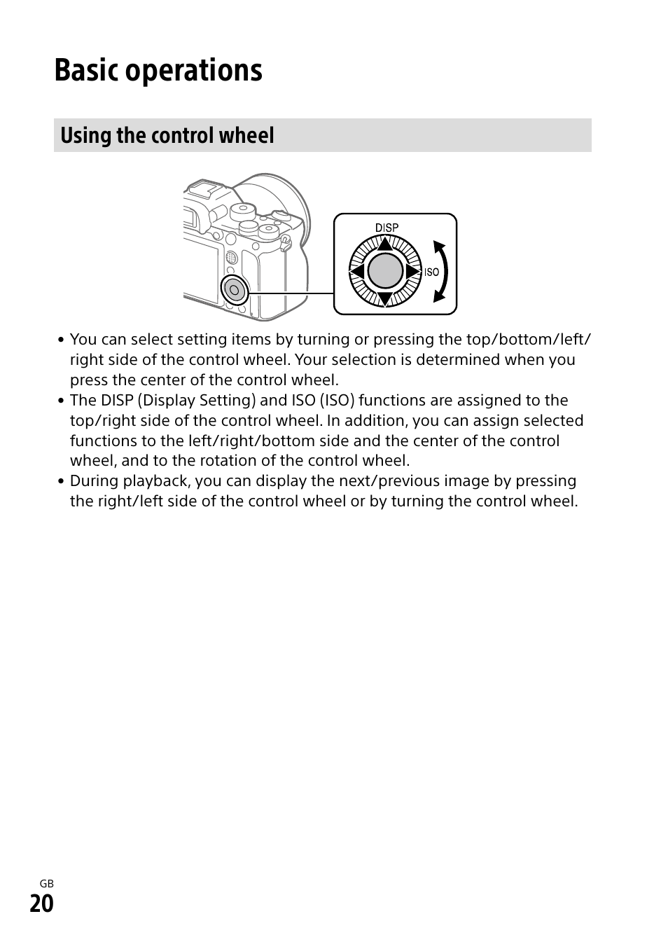 Basic operations, Using the control wheel | Sony a7R IIIA Mirrorless Camera User Manual | Page 20 / 104
