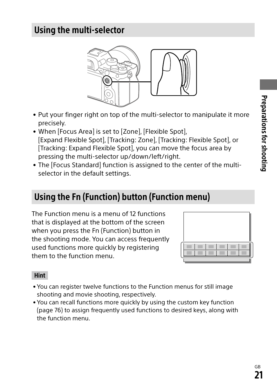 Using the multi-selector, Using the fn (function) button (function menu), On (21 | Sony a7R IIIA Mirrorless Camera User Manual | Page 21 / 104