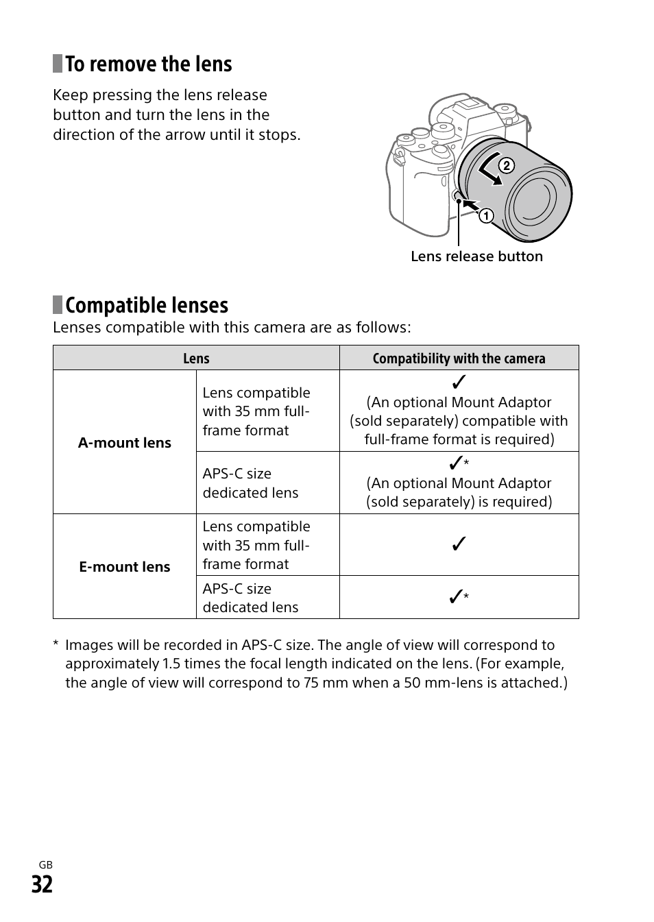 On (32), Compatible lenses | Sony a7R IIIA Mirrorless Camera User Manual | Page 32 / 104