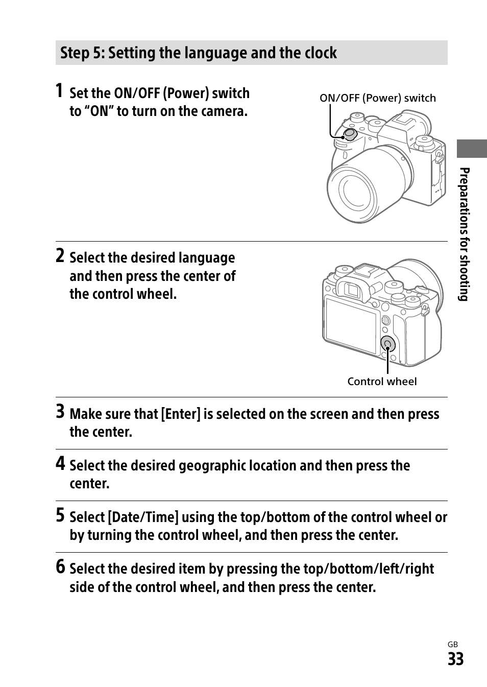 Step 5: setting the language and the clock, 33)/shutt | Sony a7R IIIA Mirrorless Camera User Manual | Page 33 / 104