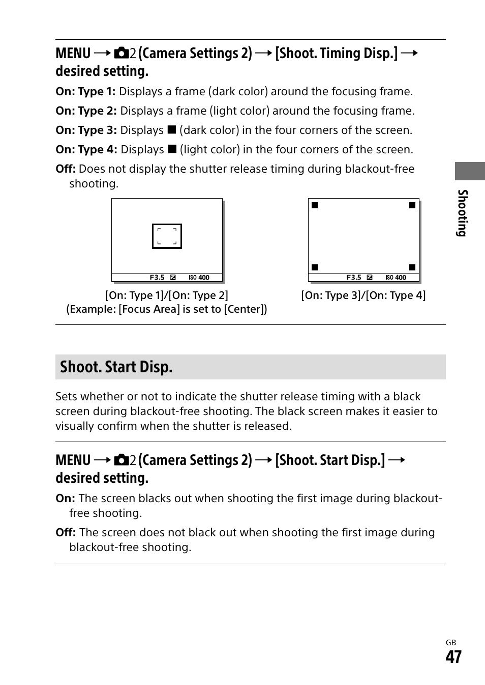 Shoot. start disp | Sony a7R IIIA Mirrorless Camera User Manual | Page 47 / 104