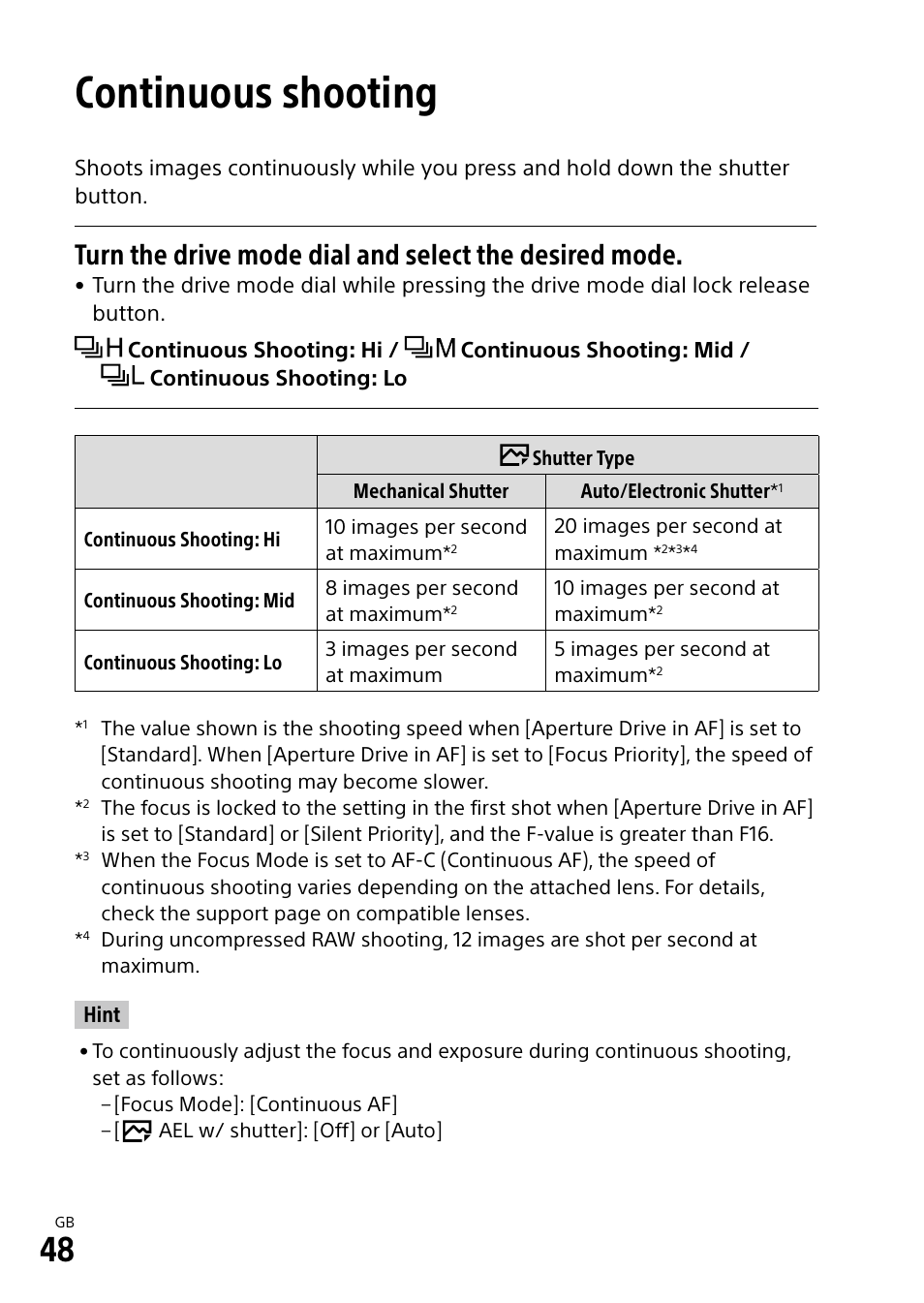 Continuous shooting | Sony a7R IIIA Mirrorless Camera User Manual | Page 48 / 104