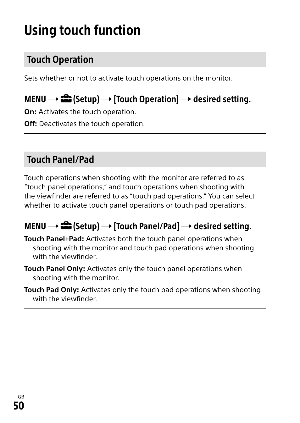 Using touch function, Touch operation, Touch panel/pad | Touch operation touch panel/pad | Sony a7R IIIA Mirrorless Camera User Manual | Page 50 / 104