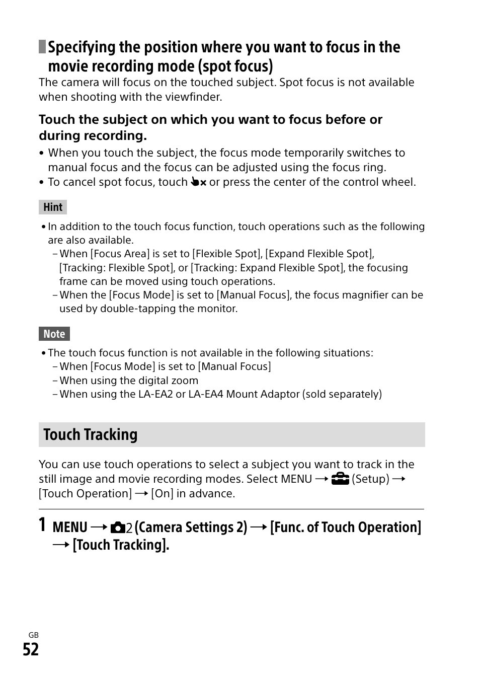 Touch tracking | Sony a7R IIIA Mirrorless Camera User Manual | Page 52 / 104