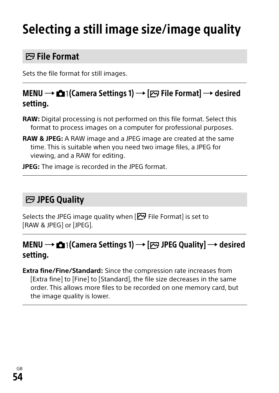Selecting a still image size/image quality, File format, Jpeg quality | File format jpeg quality | Sony a7R IIIA Mirrorless Camera User Manual | Page 54 / 104