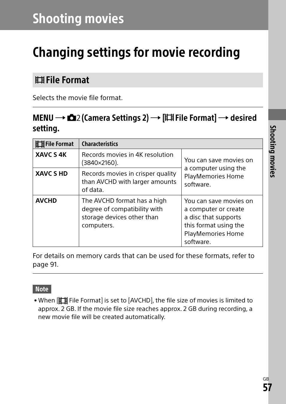 Shooting movies, Changing settings for movie recording, File format | Menu | Sony a7R IIIA Mirrorless Camera User Manual | Page 57 / 104