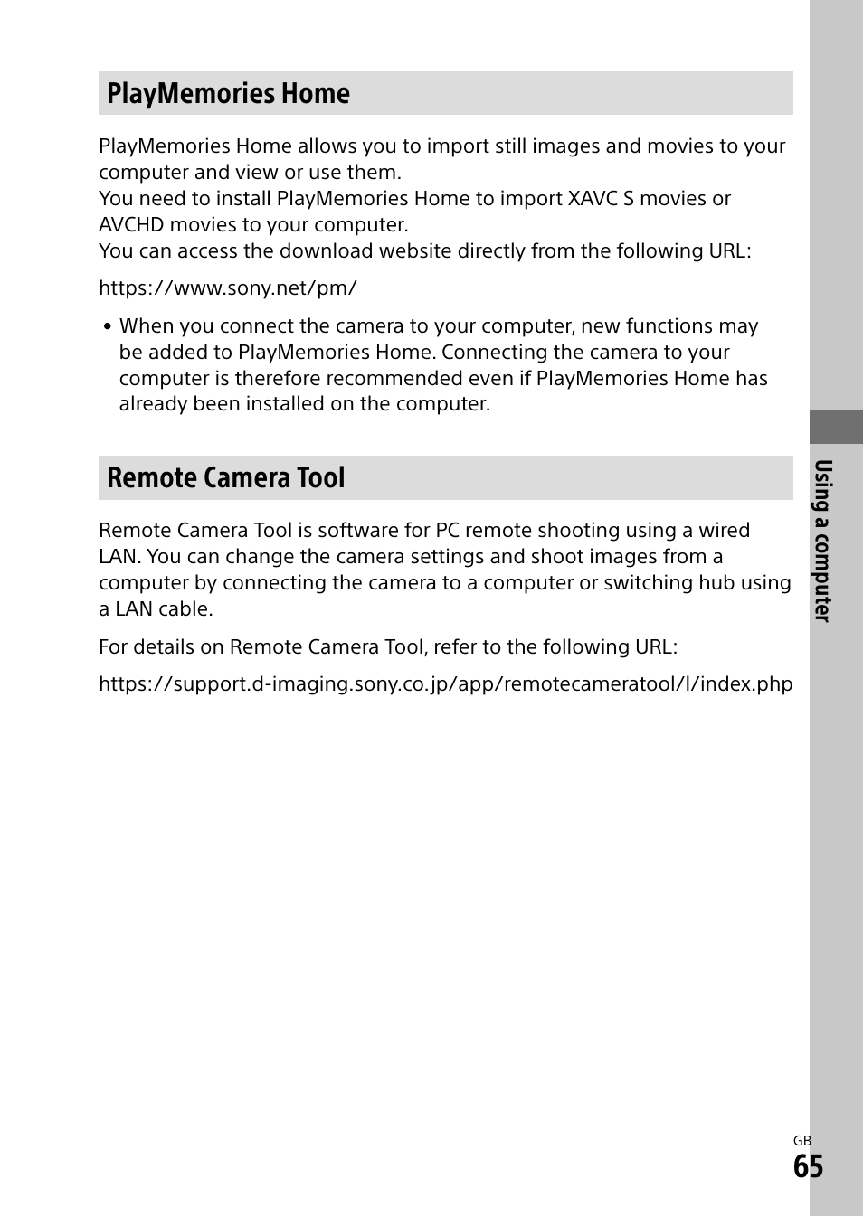 Playmemories home, Remote camera tool, Playmemories home remote camera tool | Sony a7R IIIA Mirrorless Camera User Manual | Page 65 / 104