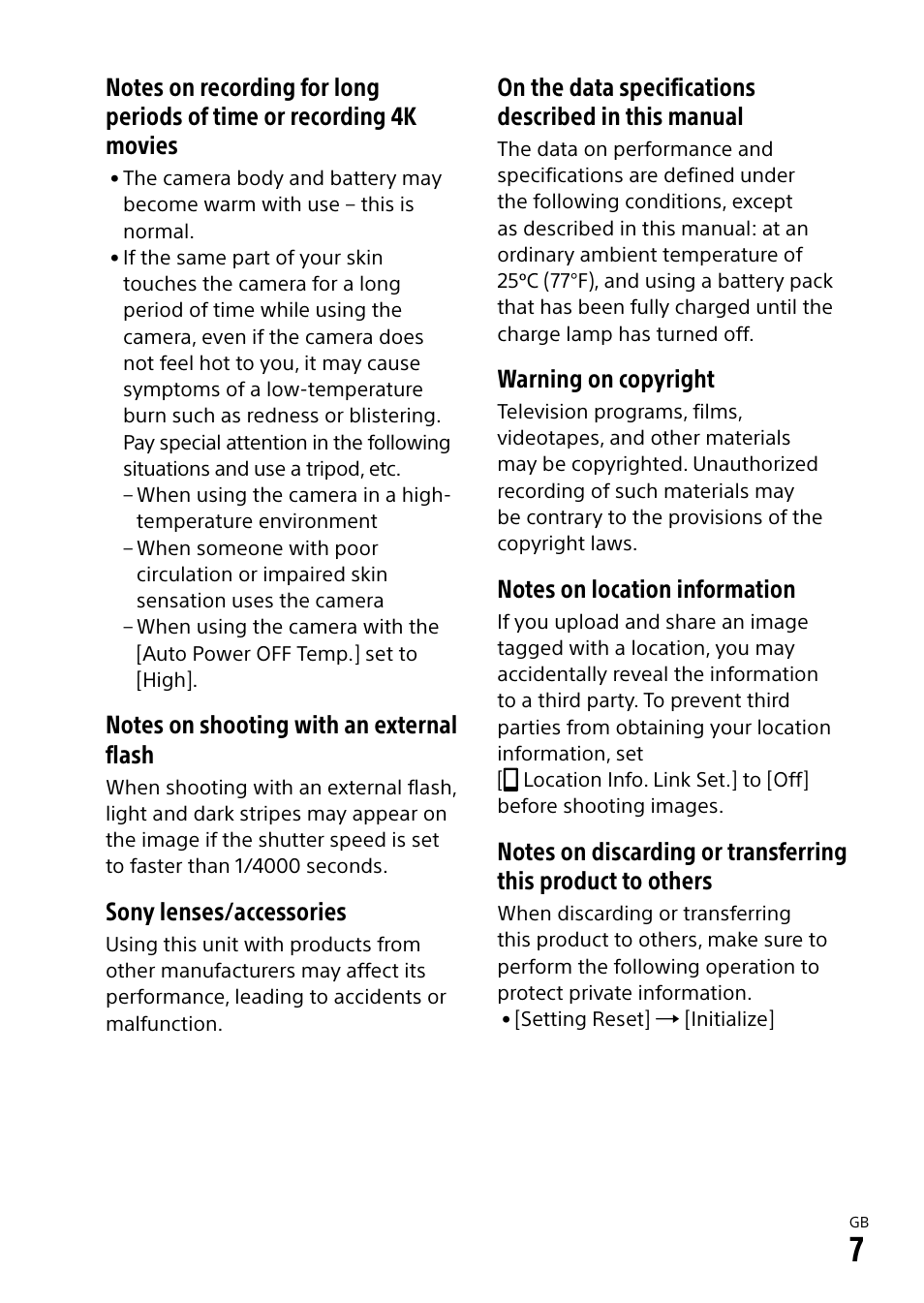 Sony lenses/accessories, Warning on copyright | Sony a7R IIIA Mirrorless Camera User Manual | Page 7 / 104