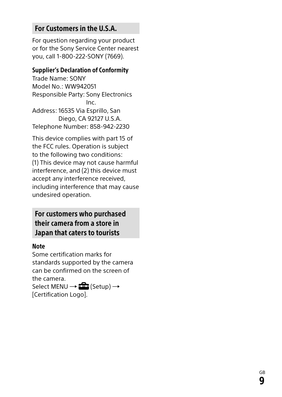 For customers in the u.s.a | Sony a7R IIIA Mirrorless Camera User Manual | Page 9 / 104