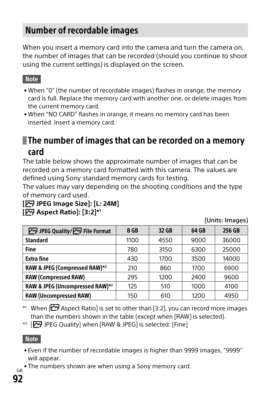 Number of recordable images, 92) / re | Sony a7R IIIA Mirrorless Camera User Manual | Page 92 / 104