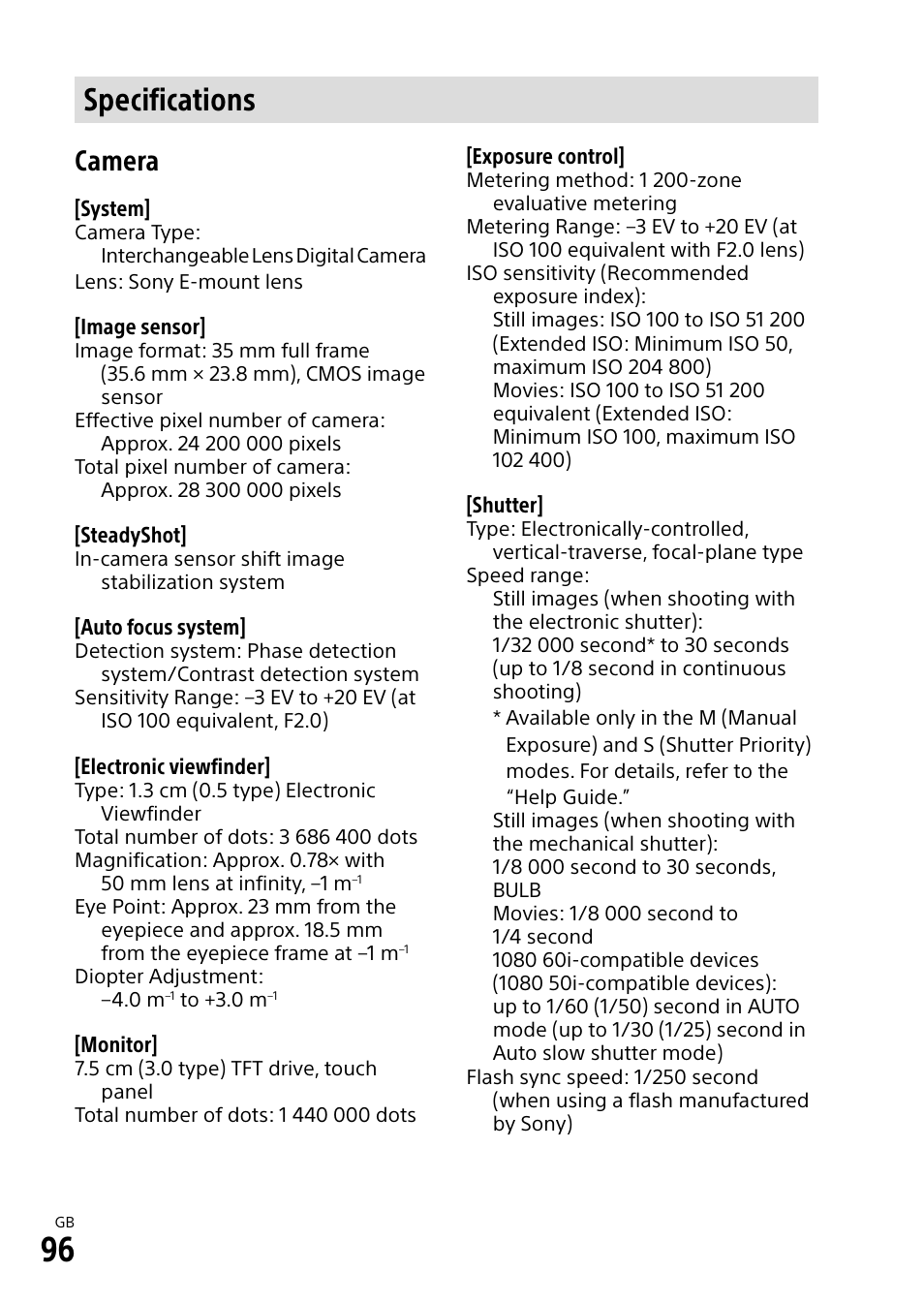 Specifications, Camera | Sony a7R IIIA Mirrorless Camera User Manual | Page 96 / 104