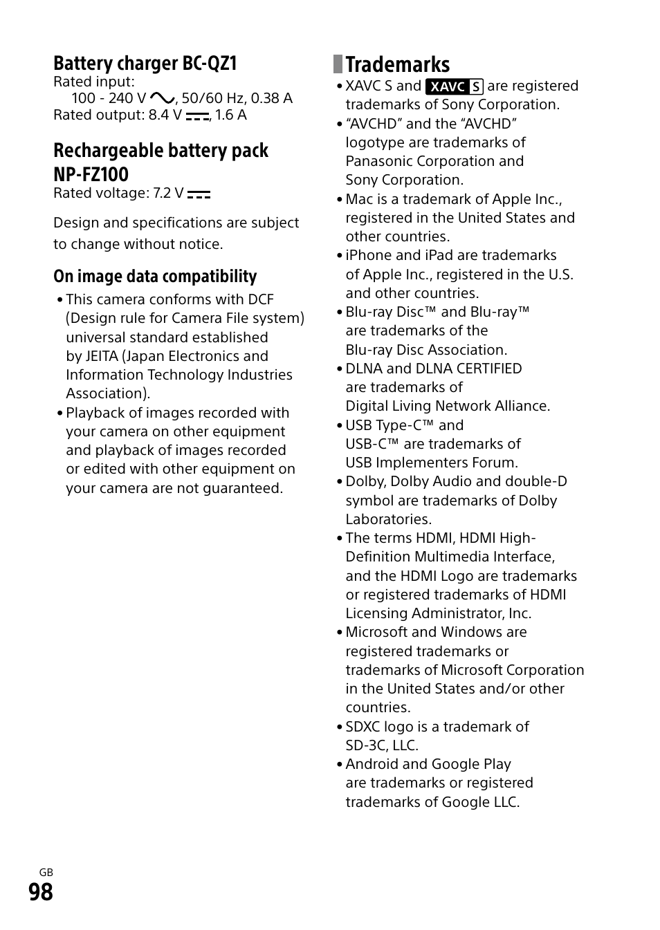 Trademarks, Battery charger bc-qz1, Rechargeable battery pack np-fz100 | On image data compatibility | Sony a7R IIIA Mirrorless Camera User Manual | Page 98 / 104