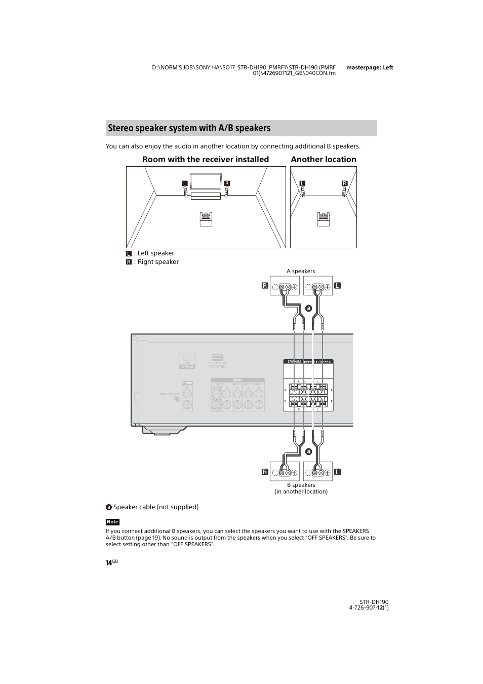 Stereo speaker system with a/b speakers, Room with the receiver installed another location | Sony a7 II Mirrorless Camera with 28-70mm Lens User Manual | Page 14 / 44