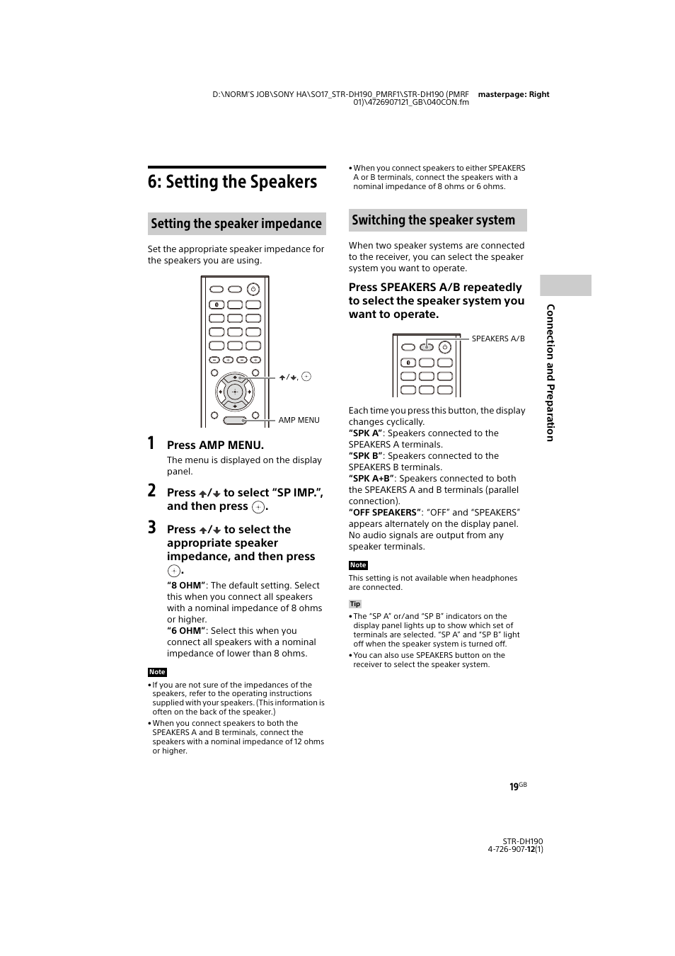 Setting the speakers, Setting the speaker impedance, Switching the speaker system | Sony a7 II Mirrorless Camera with 28-70mm Lens User Manual | Page 19 / 44