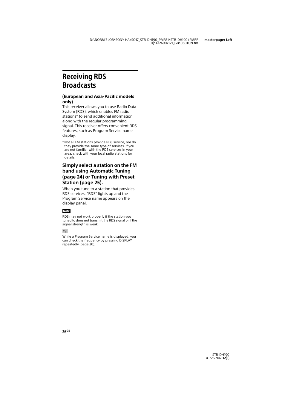 Receiving rds broadcasts, European and asia-pacific models only) | Sony a7 II Mirrorless Camera with 28-70mm Lens User Manual | Page 26 / 44