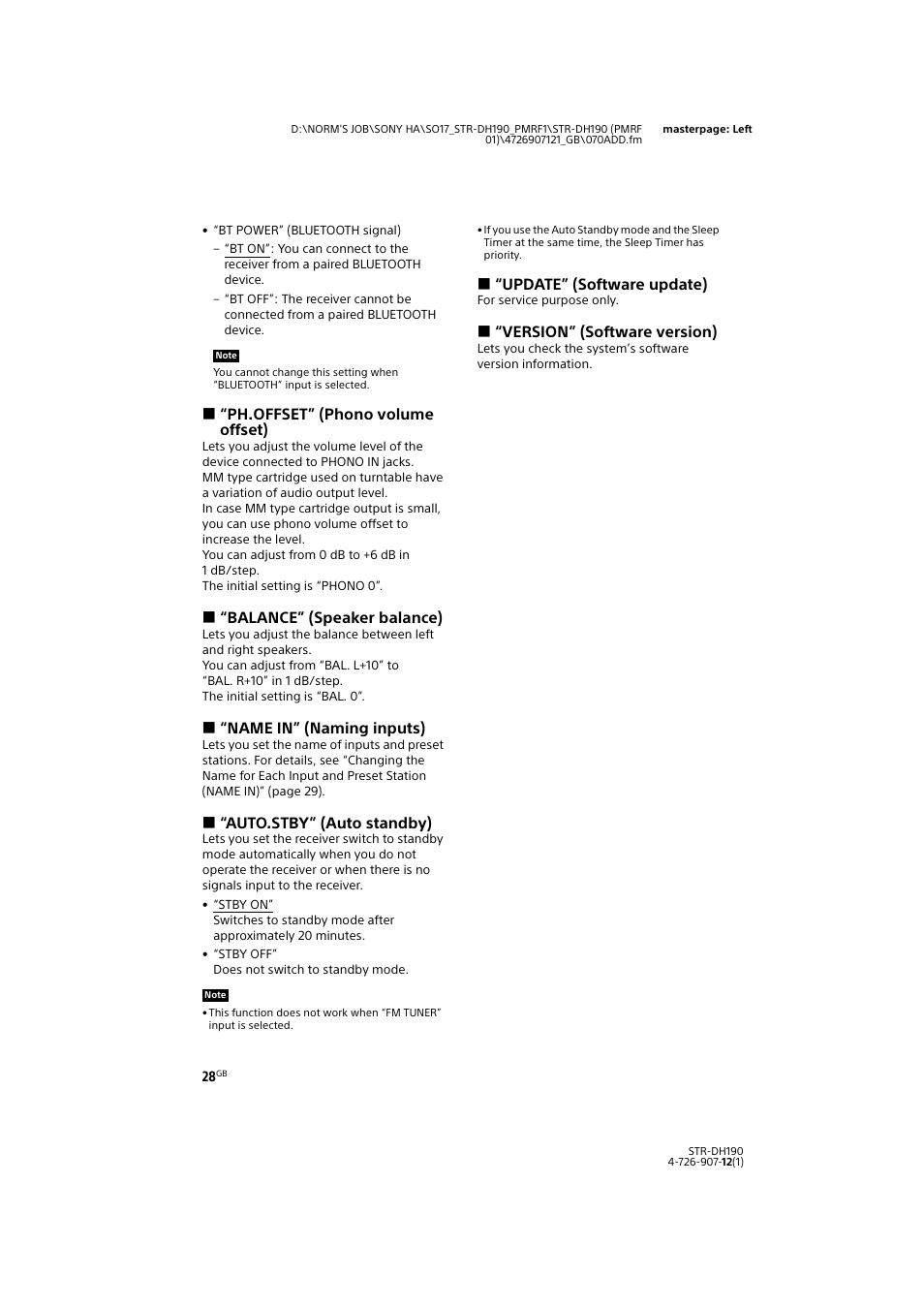 Ph.offset” (phono volume offset), Balance” (speaker balance), Name in” (naming inputs) | Auto.stby” (auto standby), Update” (software update), Version” (software version) | Sony a7 II Mirrorless Camera with 28-70mm Lens User Manual | Page 28 / 44