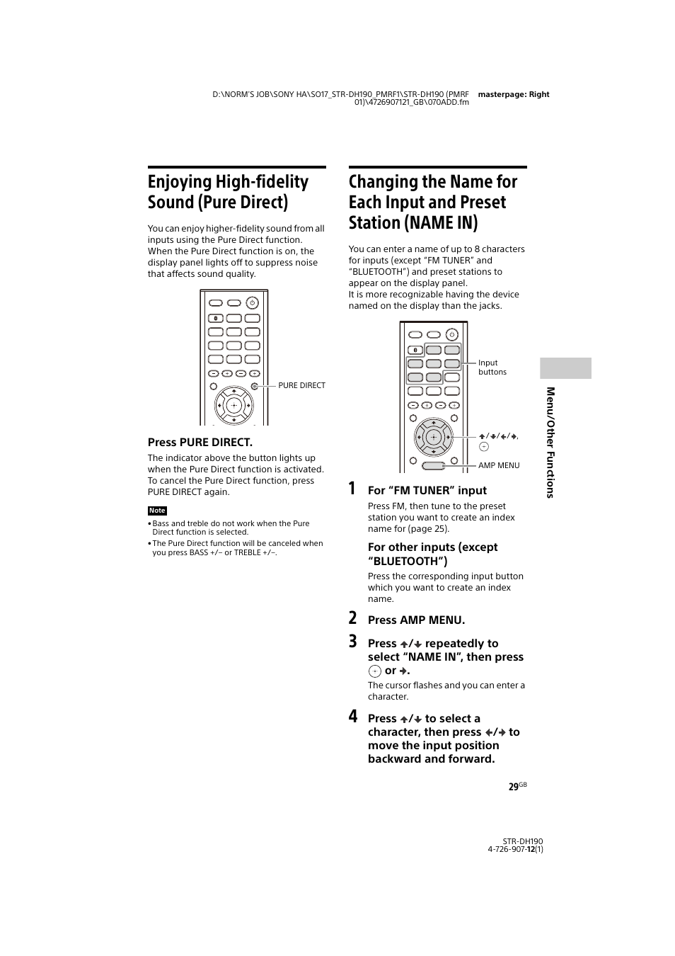 Enjoying high-fidelity sound (pure direct), Enjoying high-fidelity sound, Pure direct) | Changing the name for each input and, Preset station (name in) | Sony a7 II Mirrorless Camera with 28-70mm Lens User Manual | Page 29 / 44