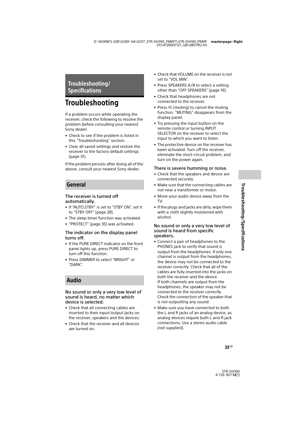 Troubleshooting/ specifications, Troubleshooting, Troubleshooting/ specifications general audio | Sony a7 II Mirrorless Camera with 28-70mm Lens User Manual | Page 33 / 44