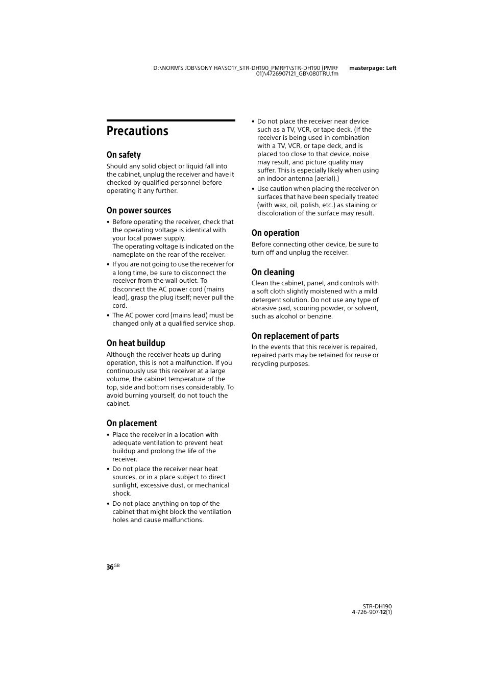 Precautions, On safety, On power sources | On heat buildup, On placement, On operation, On cleaning, On replacement of parts | Sony a7 II Mirrorless Camera with 28-70mm Lens User Manual | Page 36 / 44
