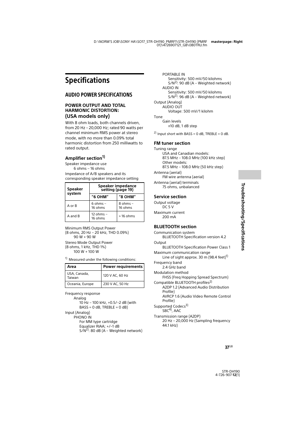 Specifications, Audio power specifications, Usa models only) | Sony a7 II Mirrorless Camera with 28-70mm Lens User Manual | Page 37 / 44