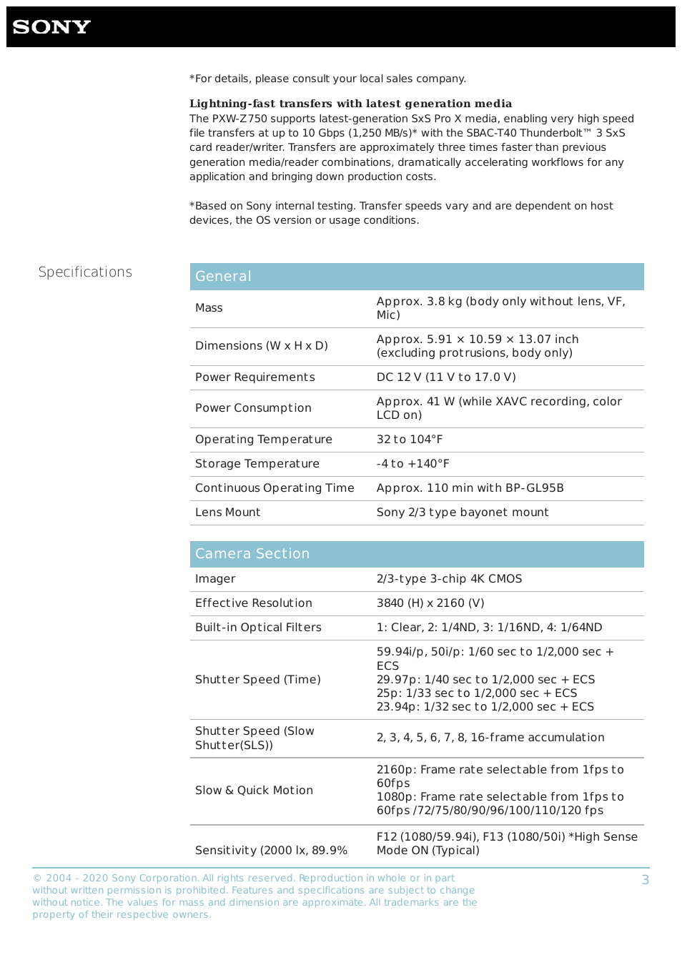 Specifications general | Sony a7S III Mirrorless Camera User Manual | Page 3 / 8