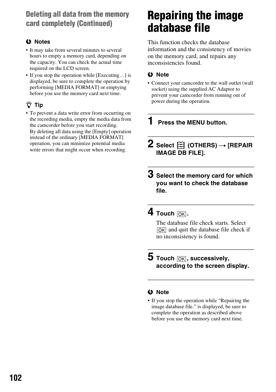 Repairing the image database file | Sony a6400 Mirrorless Camera User Manual | Page 102 / 176