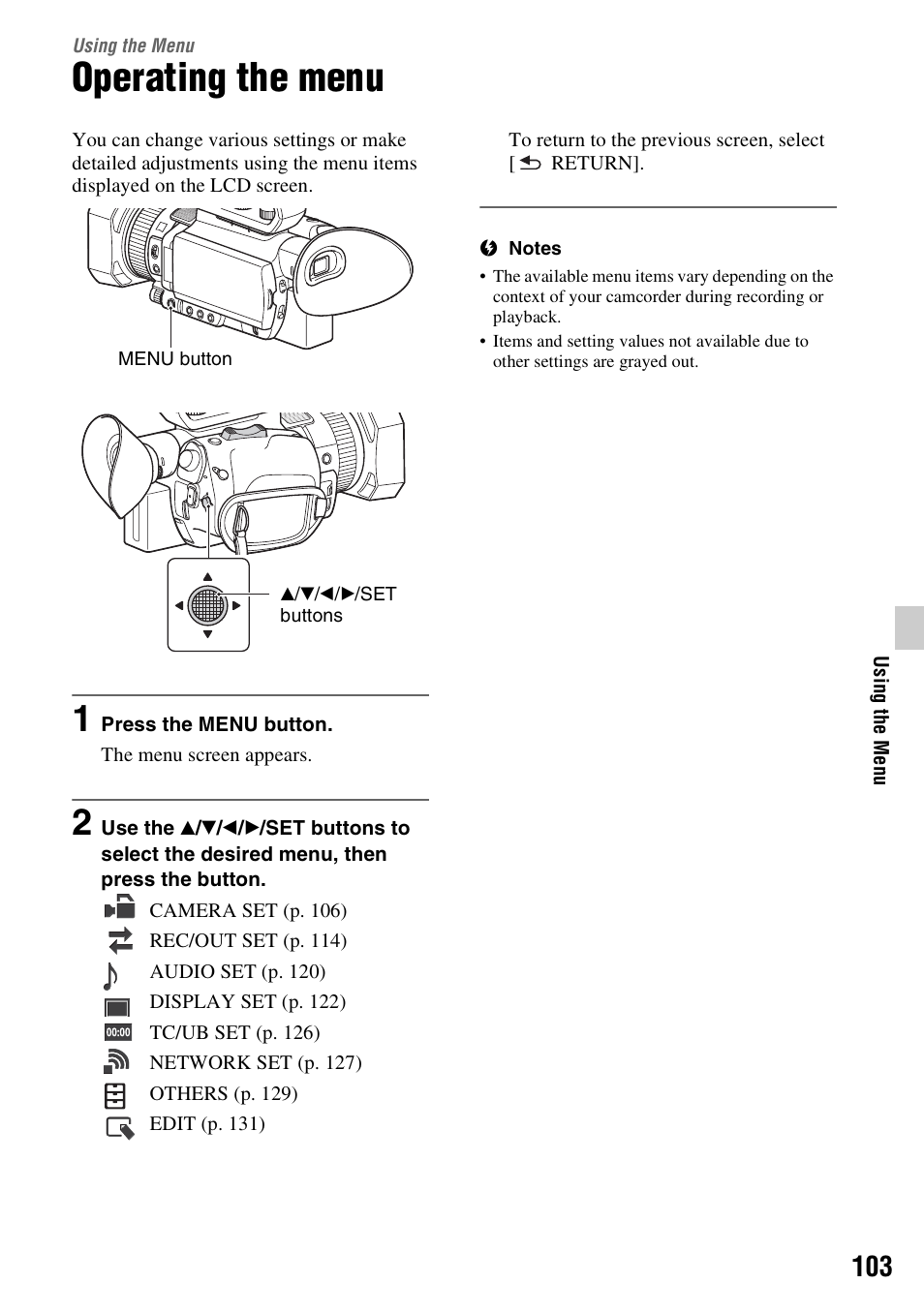 Using the menu, Operating the menu, P. 103) | Ons (p. 103) | Sony a6400 Mirrorless Camera User Manual | Page 103 / 176