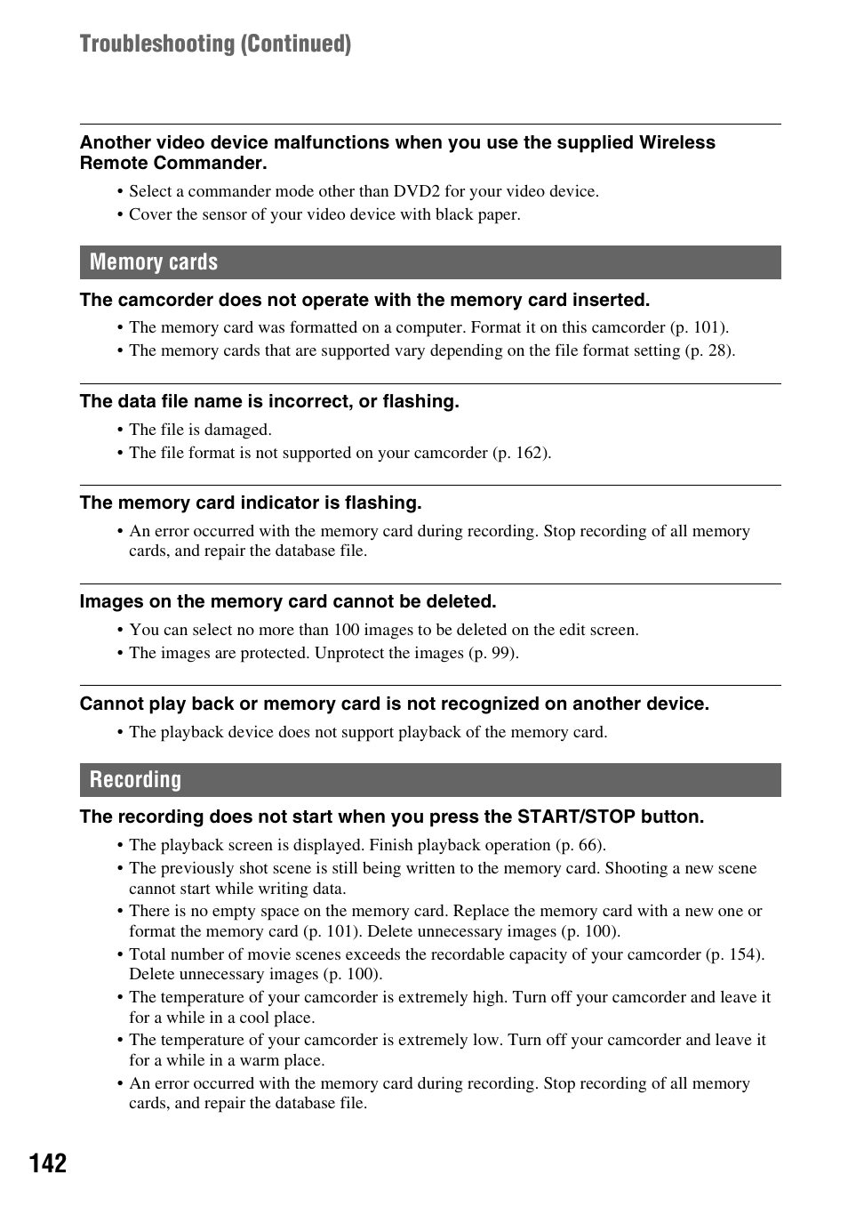 Memory cards (p. 142), Recording (p. 142), Troubleshooting ( continued) | Sony a6400 Mirrorless Camera User Manual | Page 142 / 176