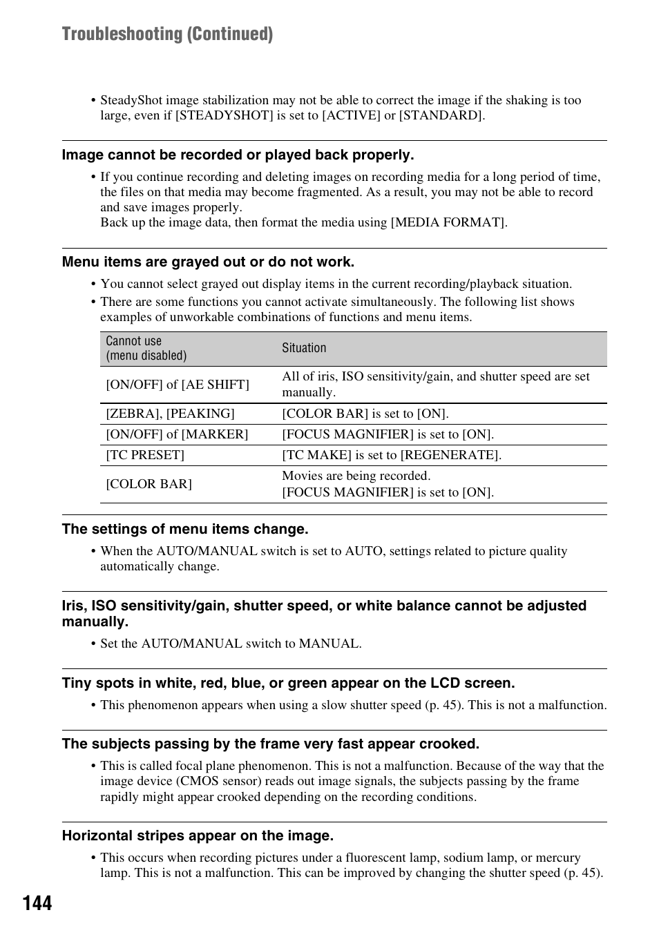 Troubleshooting ( continued) | Sony a6400 Mirrorless Camera User Manual | Page 144 / 176