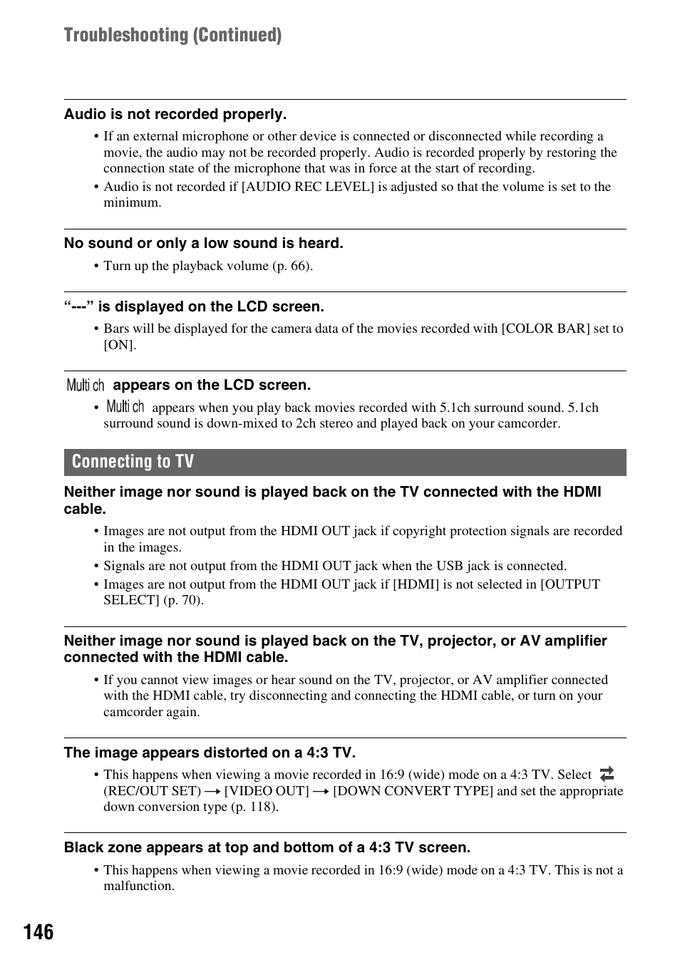 Connecting to tv (p. 146), Troubleshooting ( continued), Connecting to tv | Sony a6400 Mirrorless Camera User Manual | Page 146 / 176