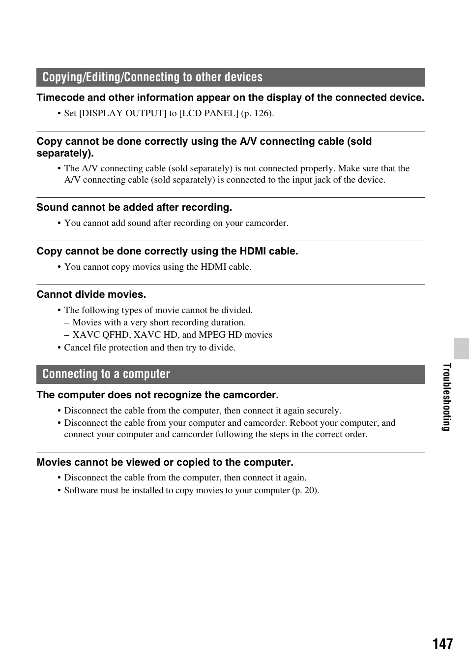 Connecting to a computer (p. 147), O 147 | Sony a6400 Mirrorless Camera User Manual | Page 147 / 176