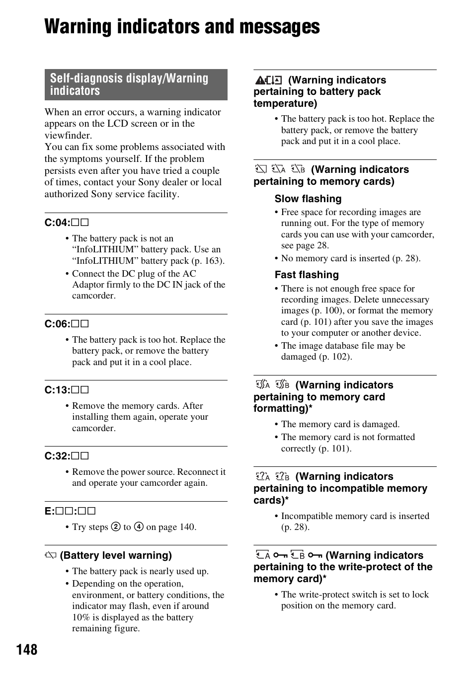 Warning indicators and messages, Ng (p. 148), Self-diagnosis display/warning indicators | Sony a6400 Mirrorless Camera User Manual | Page 148 / 176