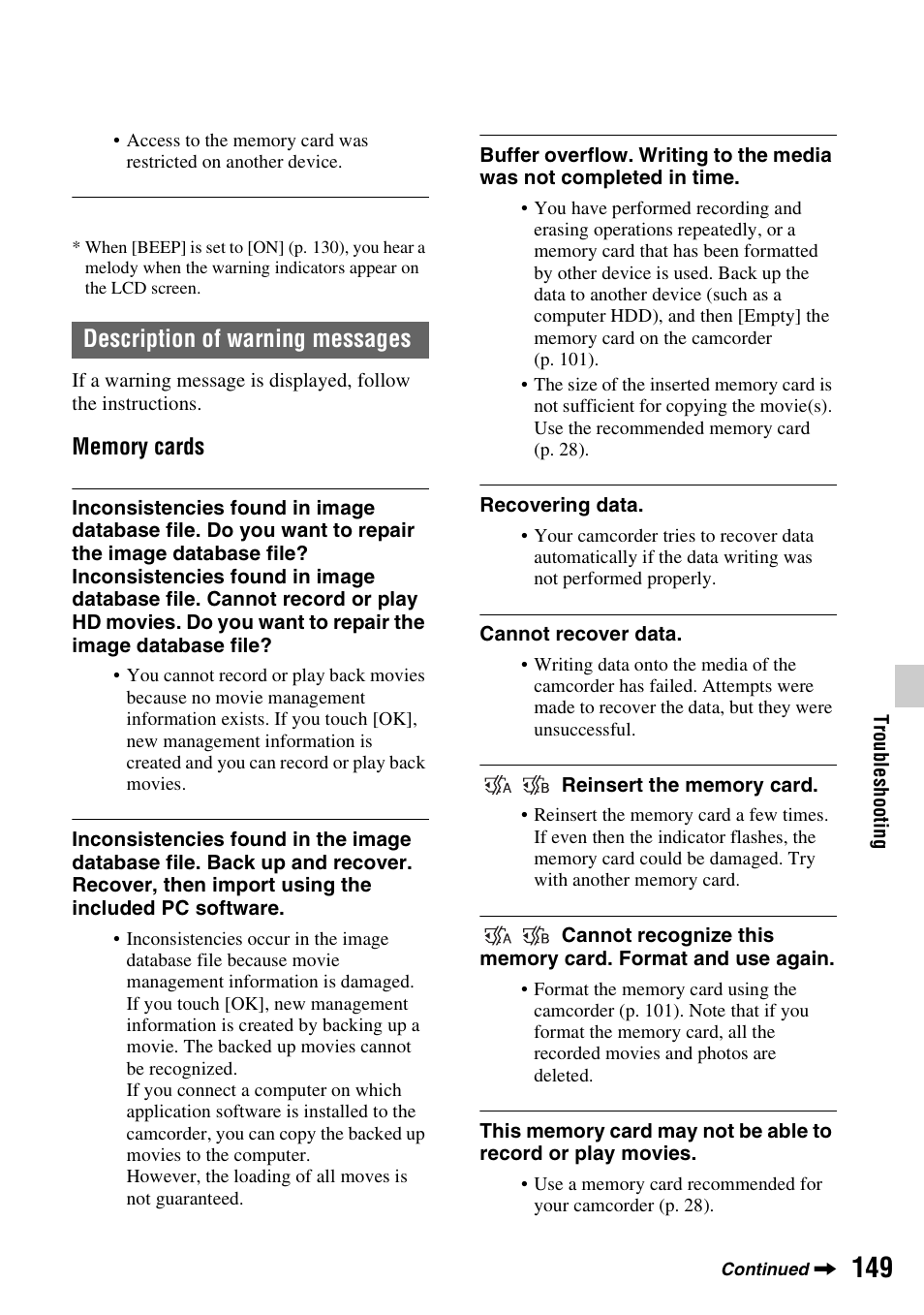 Description of warning messages | Sony a6400 Mirrorless Camera User Manual | Page 149 / 176