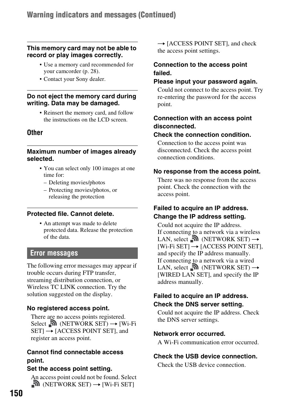 Warning indicators and messages (continued), Error messages | Sony a6400 Mirrorless Camera User Manual | Page 150 / 176