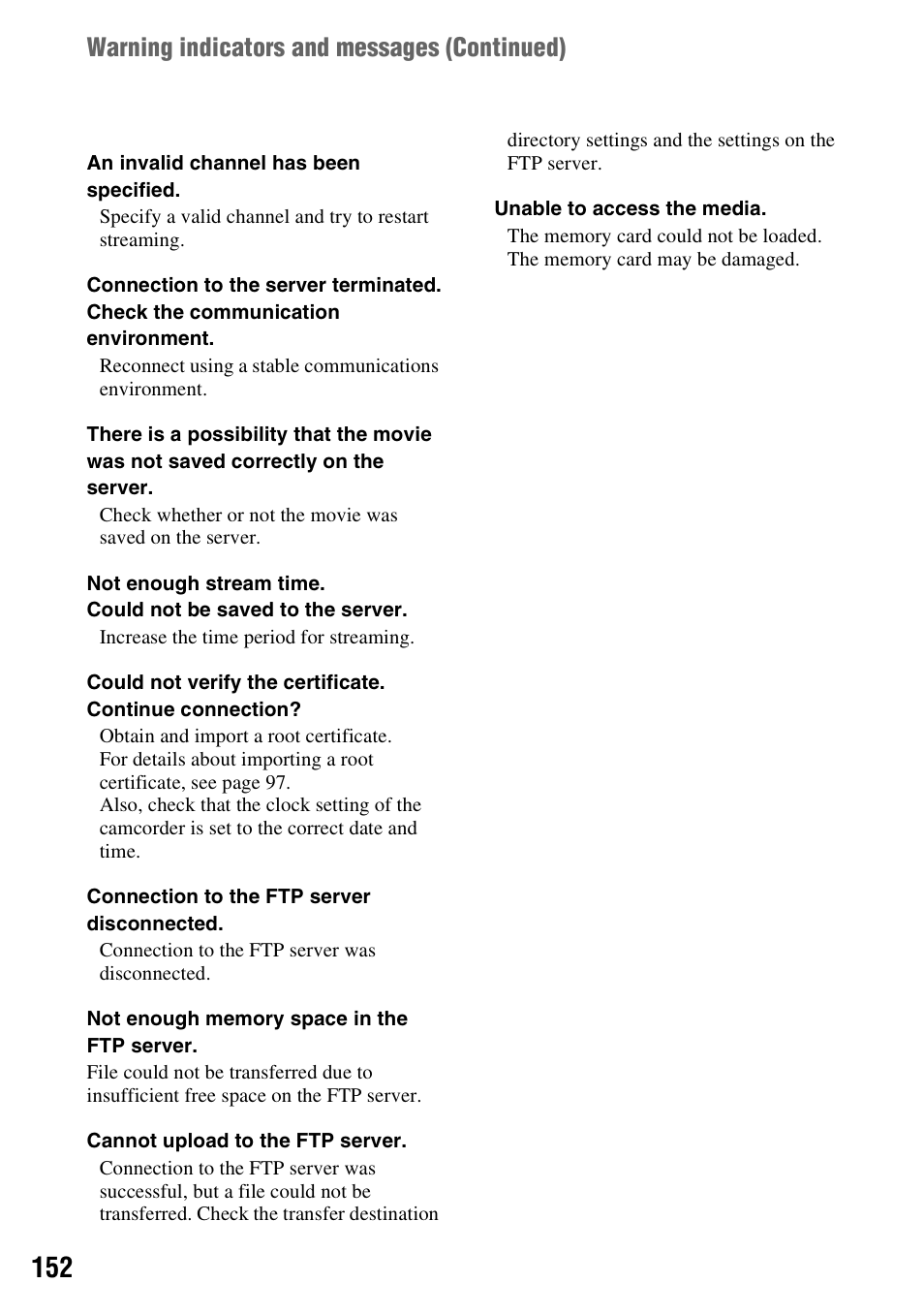 Warning indicators and messages (continued) | Sony a6400 Mirrorless Camera User Manual | Page 152 / 176