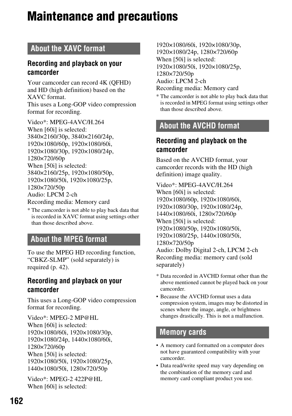 Maintenance and precautions, About the xavc format, About the mpeg format | About the avchd format, Memory cards, P. 162) | Sony a6400 Mirrorless Camera User Manual | Page 162 / 176