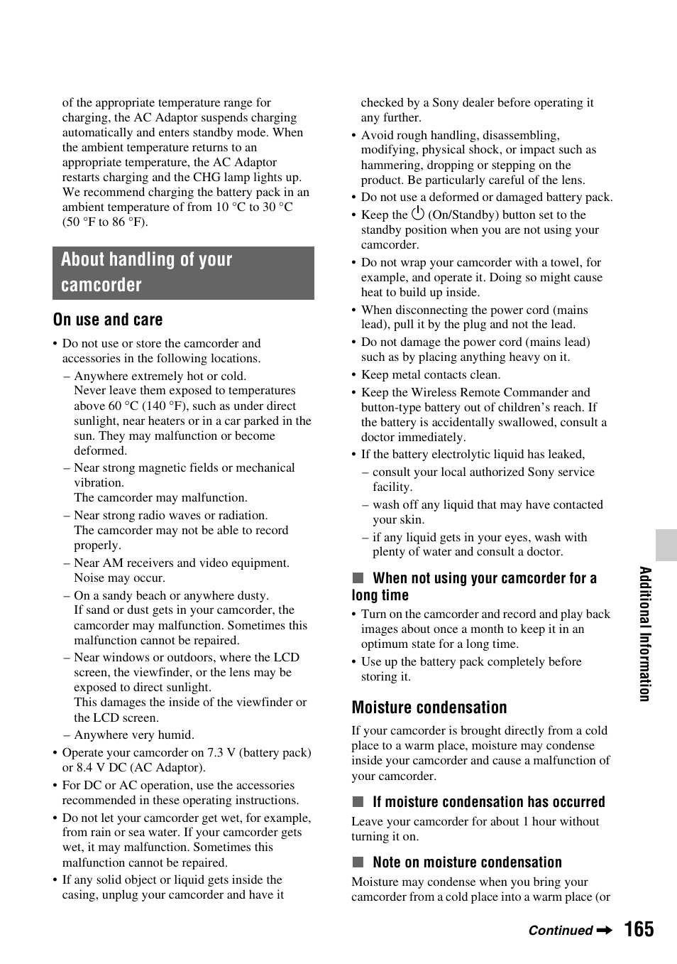 About handling of your camcorder, On use and care, Moisture condensation | Sony a6400 Mirrorless Camera User Manual | Page 165 / 176