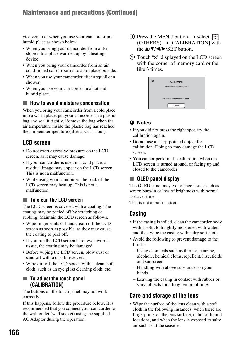 L (p. 166), Maintenance and precautions ( continued), Lcd screen | Casing, Care and storage of the lens | Sony a6400 Mirrorless Camera User Manual | Page 166 / 176
