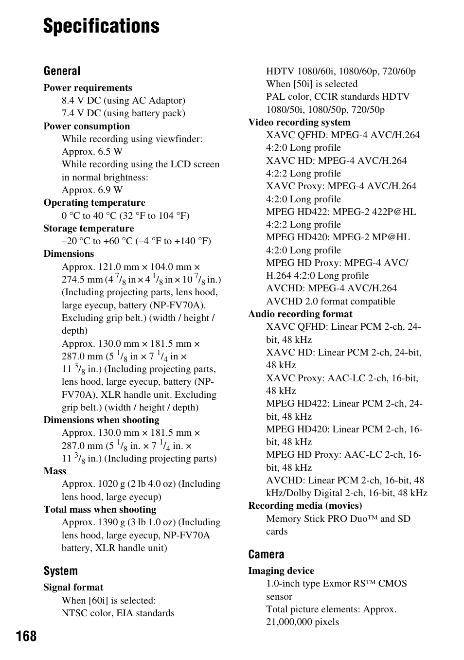 Specifications | Sony a6400 Mirrorless Camera User Manual | Page 168 / 176