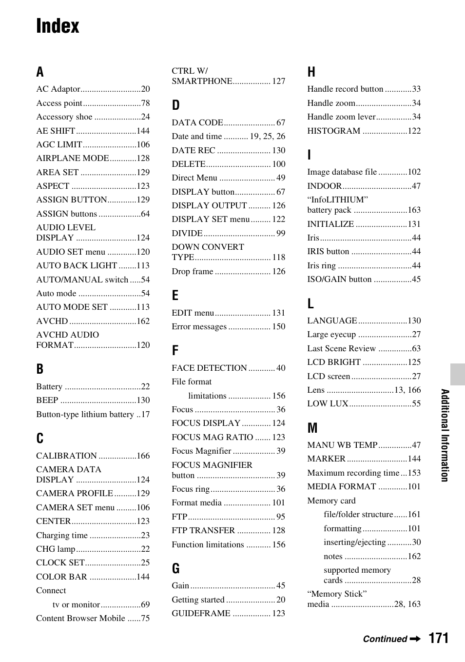 Index | Sony a6400 Mirrorless Camera User Manual | Page 171 / 176