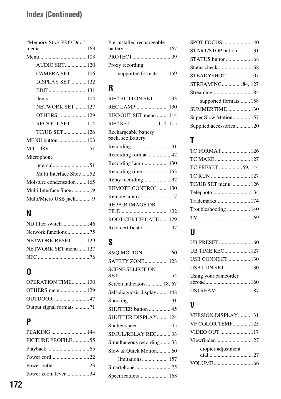 Index ( continued) | Sony a6400 Mirrorless Camera User Manual | Page 172 / 176