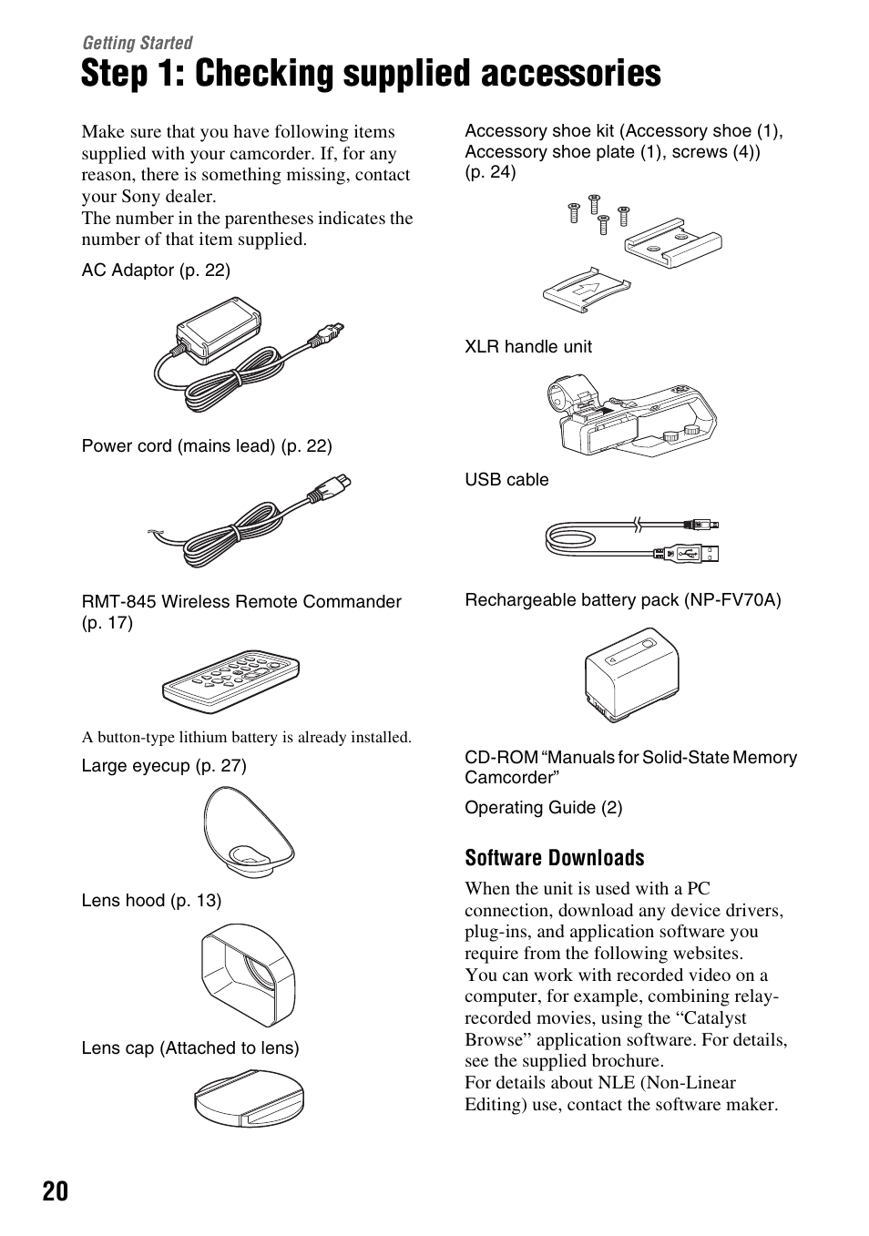 Getting started, Step 1: checking supplied accessories, P. 20) | Sony a6400 Mirrorless Camera User Manual | Page 20 / 176