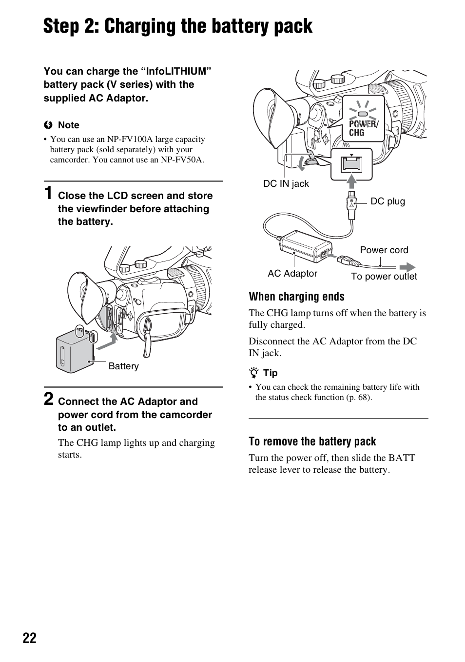 Step 2: charging the battery pack, P. 22), R (p. 22) | Or (p. 22) | Sony a6400 Mirrorless Camera User Manual | Page 22 / 176