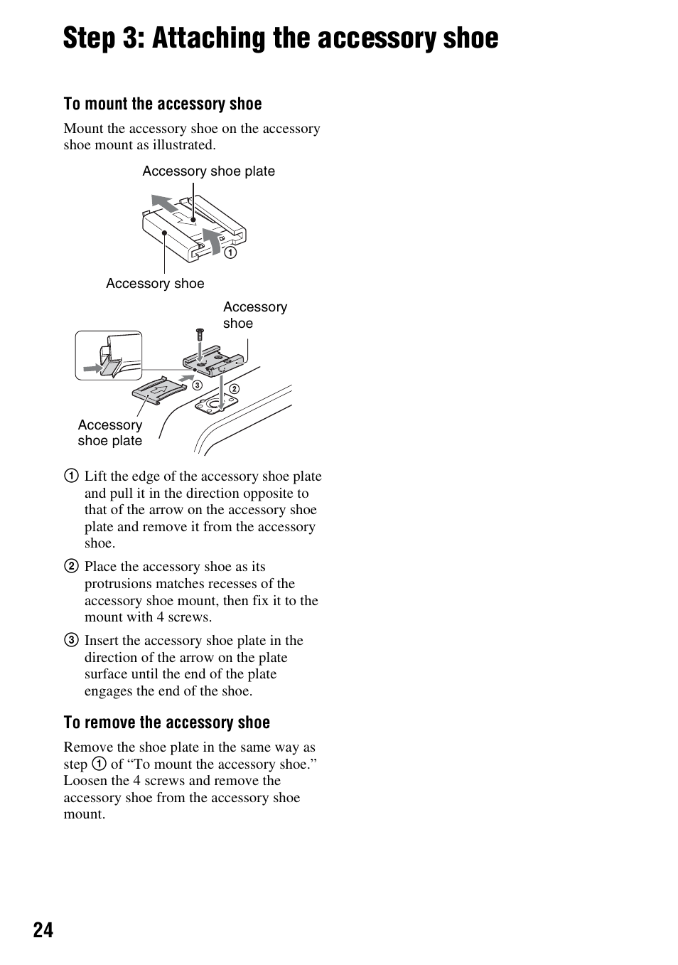 Step 3: attaching the accessory shoe, P. 24) | Sony a6400 Mirrorless Camera User Manual | Page 24 / 176