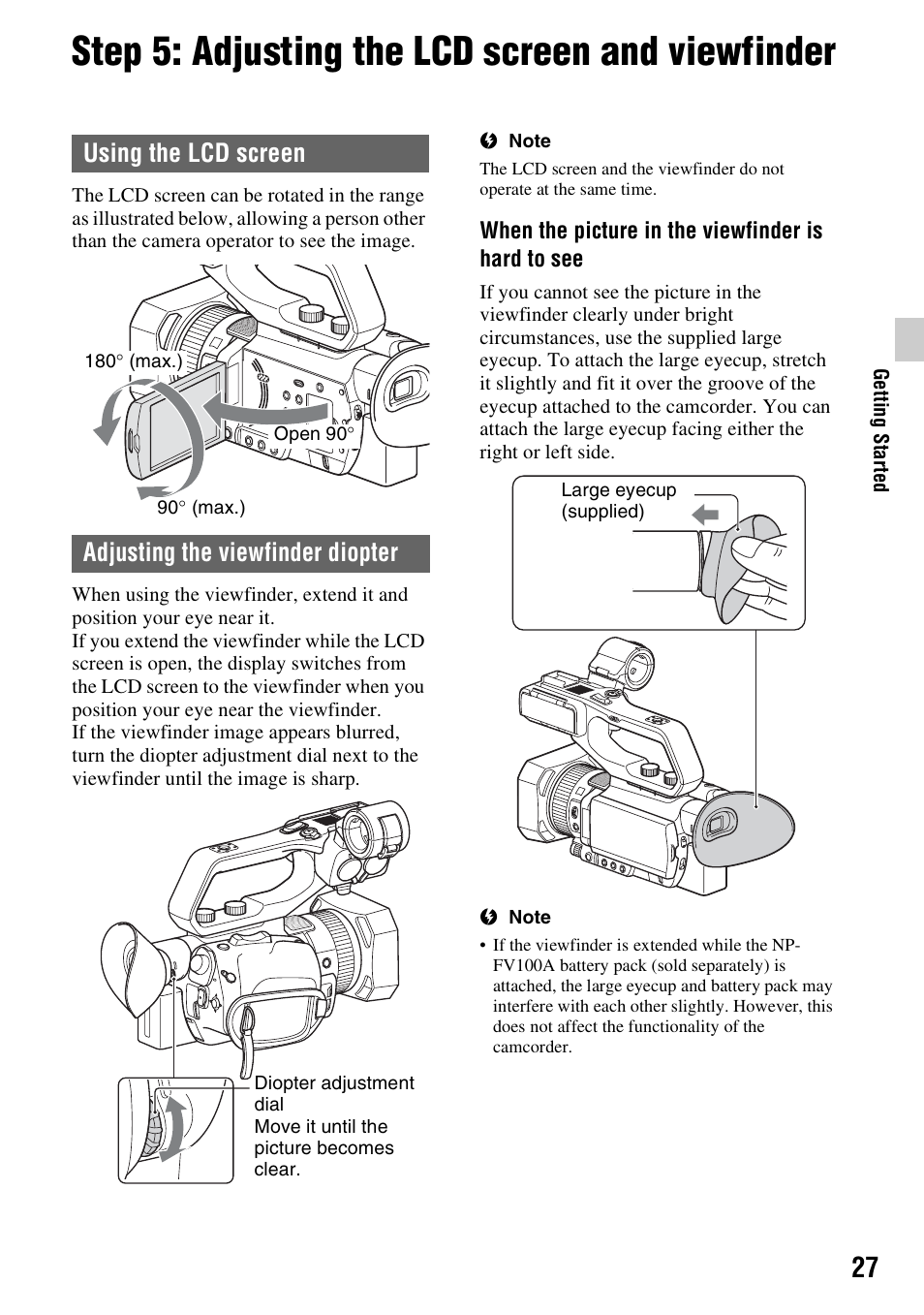 Step 5: adjusting the lcd screen and viewfinder, Using the lcd screen, Adjusting the viewfinder diopter | P. 27), R (p. 27), Up (p. 27) | Sony a6400 Mirrorless Camera User Manual | Page 27 / 176