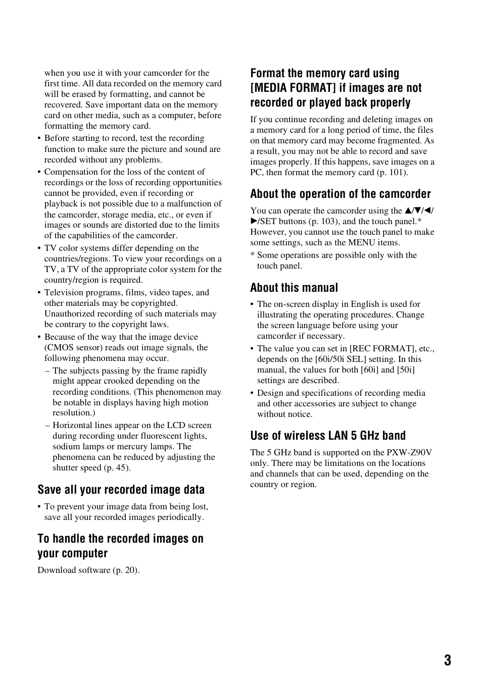 Save all your recorded image data, About the operation of the camcorder, About this manual | Use of wireless lan 5 ghz band | Sony a6400 Mirrorless Camera User Manual | Page 3 / 176