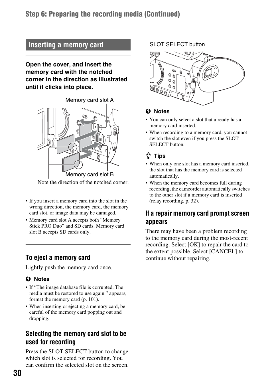 Inserting a memory card, On (p. 30), P. 30) | Step 6: preparing the recording media ( continued) | Sony a6400 Mirrorless Camera User Manual | Page 30 / 176
